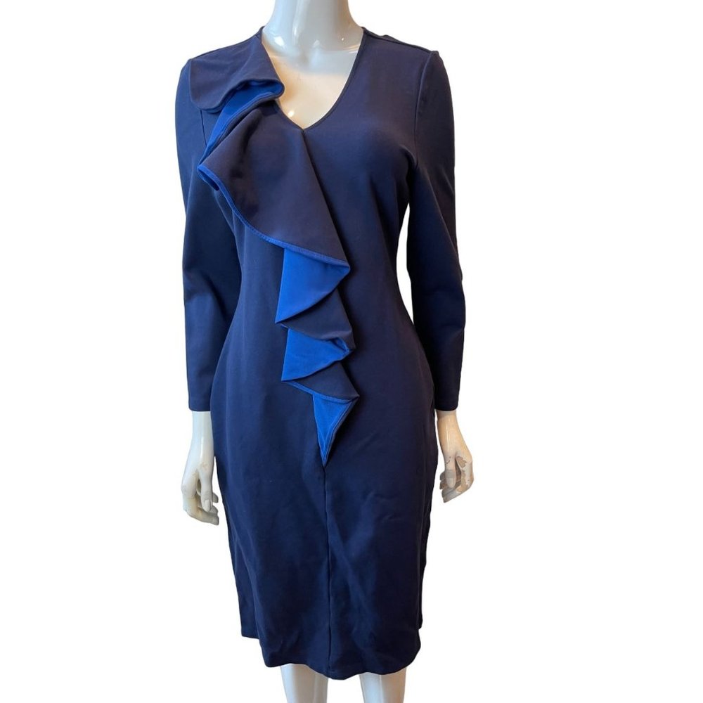 SABIE Women's Sheath Midi Dress Draped Ruffle V Neck Long Sleeve Blue Size Large